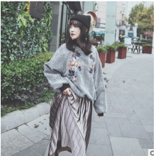 韩国冬季新款条纹毛呢重工刺绣花内里加绒厚实保暖套头卫衣